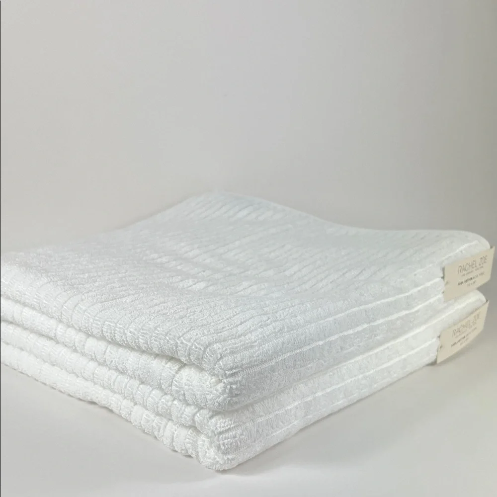 Rachel Zoe Bath Towels Pure White Ribbed Texture 100% Cotton Soft Set of 2 NEW